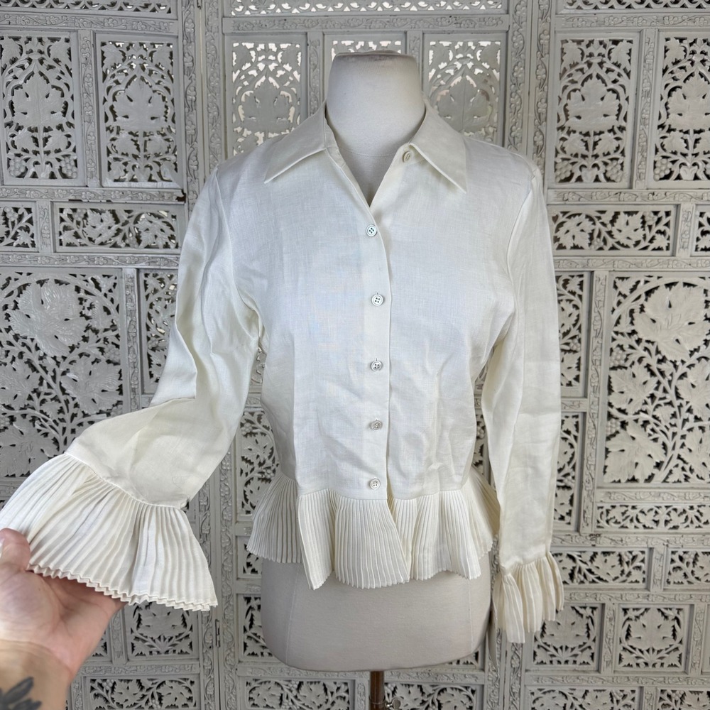 NWT Liz Claiborne 100% Linen Cream Peplum Pleated Button Up Blouse Womens 4